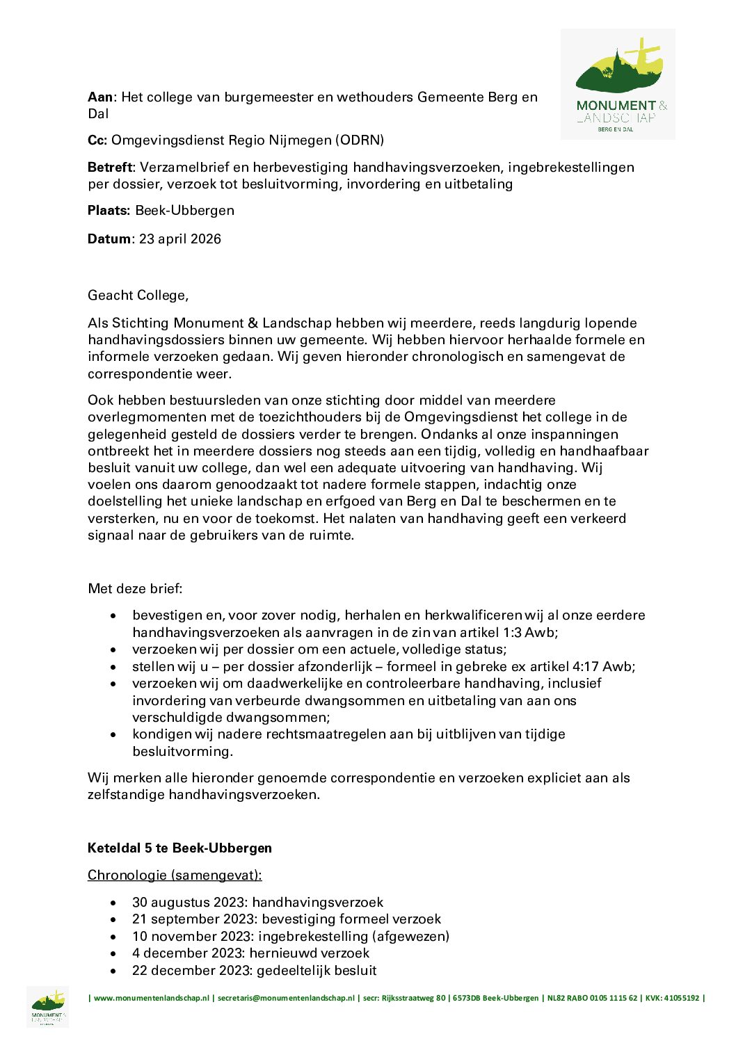 Brief uit Gemeente Berg en Dal: verzamelbrief handhavingsverzoeken ​